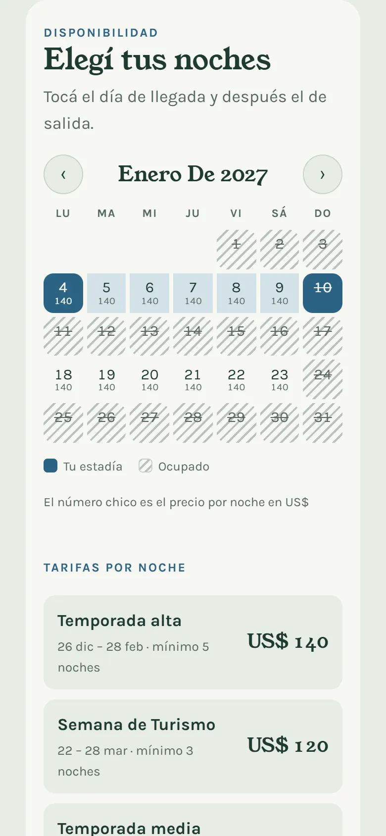 Calendario con noches libres y ocupadas
