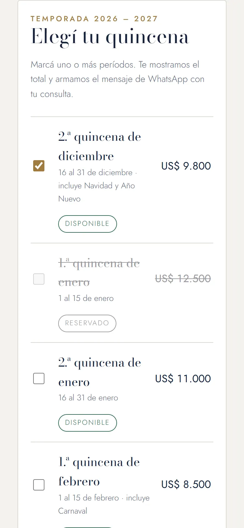 Selector de quincenas con total